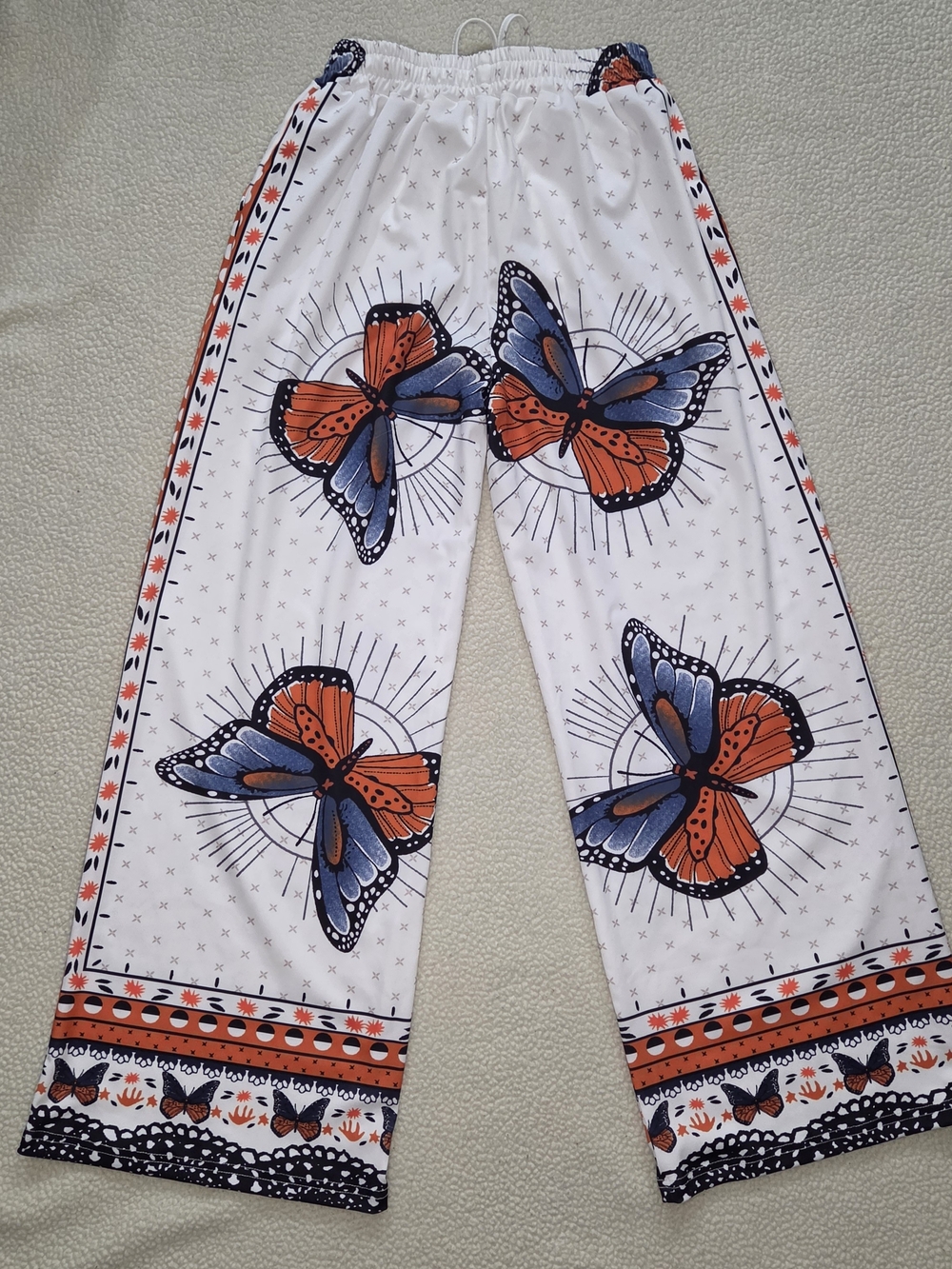 Women's Medium Butterfly Print Drawstring Pants - White, Orange With Flare Legs - Picture 3 of 8